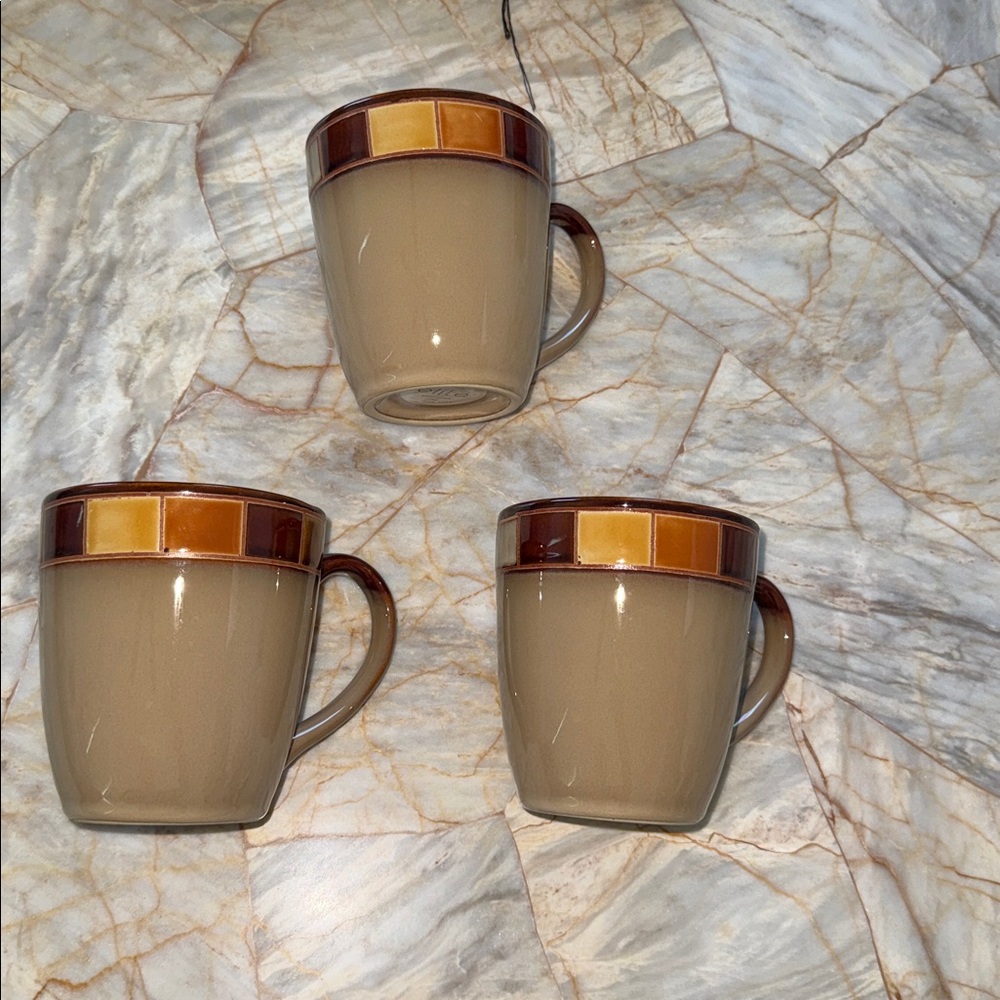 Mug Casa Estebana Rustic Brown Ceramic Coffee Mug with Amber Tile Rim Set of 3